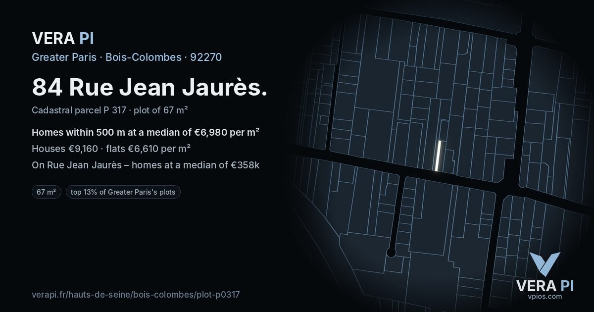 84 Rue Jean Jaurès, Bois-Colombes at night – the plot lit, the parcels around coloured by the prices near them
