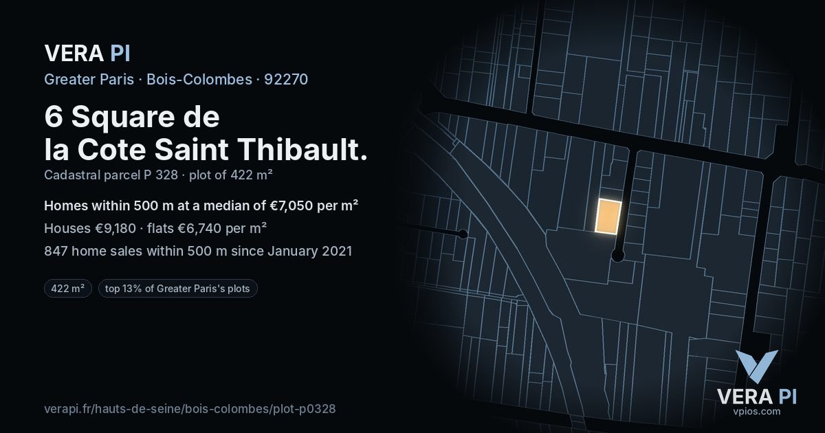 6 Square de la Cote Saint Thibault, Bois-Colombes at night – the plot lit, the parcels around coloured by the prices near them