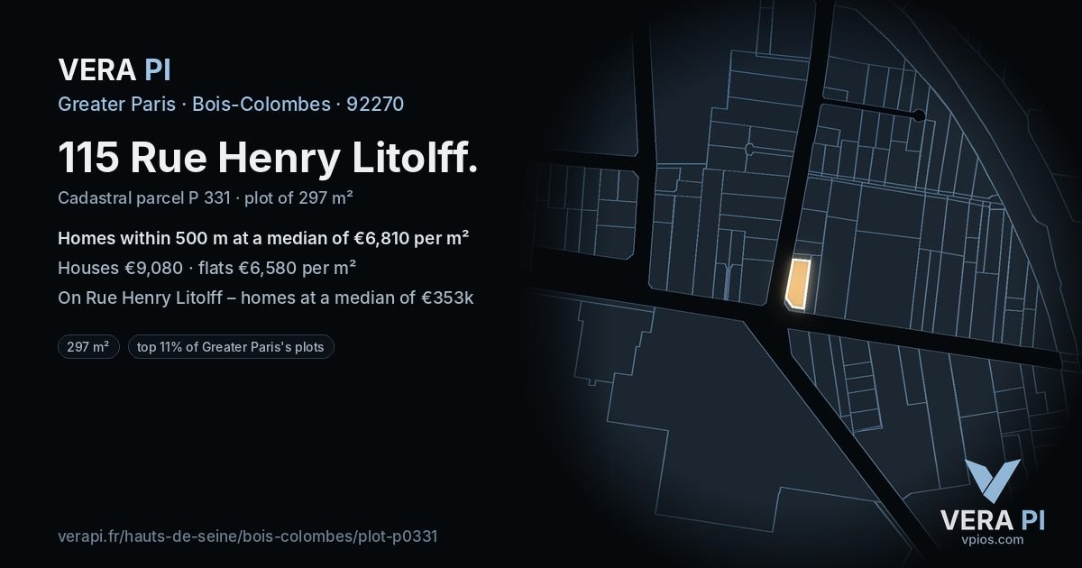 115 Rue Henry Litolff, Bois-Colombes at night – the plot lit, the parcels around coloured by the prices near them