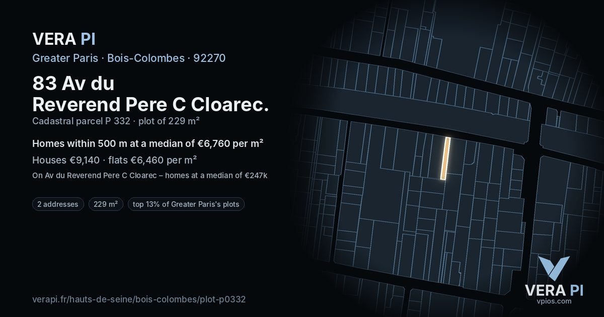 83 Av du Reverend Pere C Cloarec, Bois-Colombes at night – the plot lit, the parcels around coloured by the prices near them