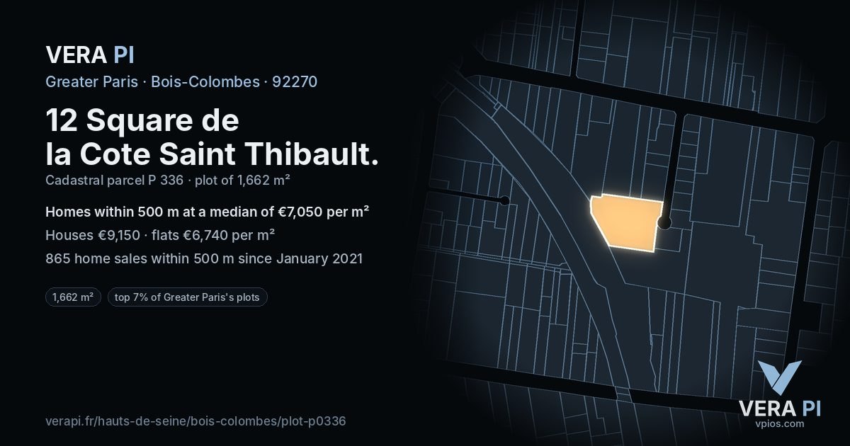 12 Square de la Cote Saint Thibault, Bois-Colombes at night – the plot lit, the parcels around coloured by the prices near them