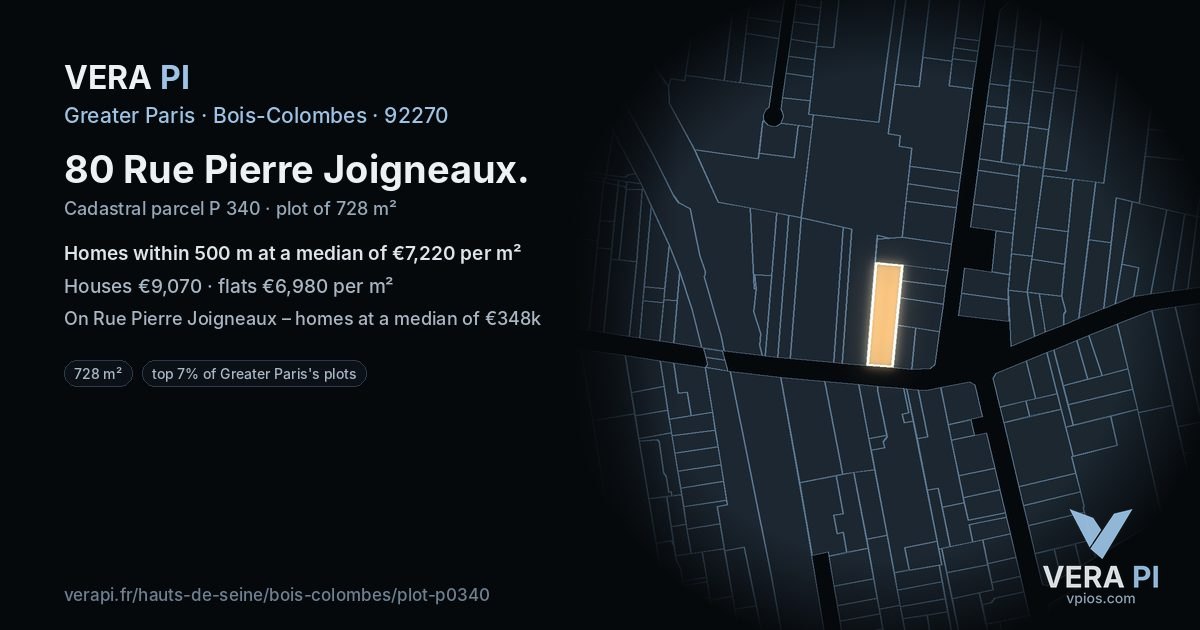 80 Rue Pierre Joigneaux, Bois-Colombes at night – the plot lit, the parcels around coloured by the prices near them