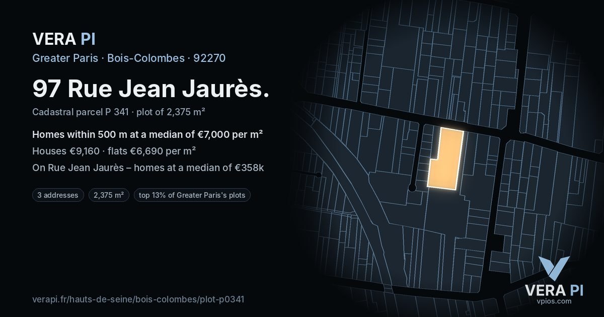 97 Rue Jean Jaurès, Bois-Colombes at night – the plot lit, the parcels around coloured by the prices near them