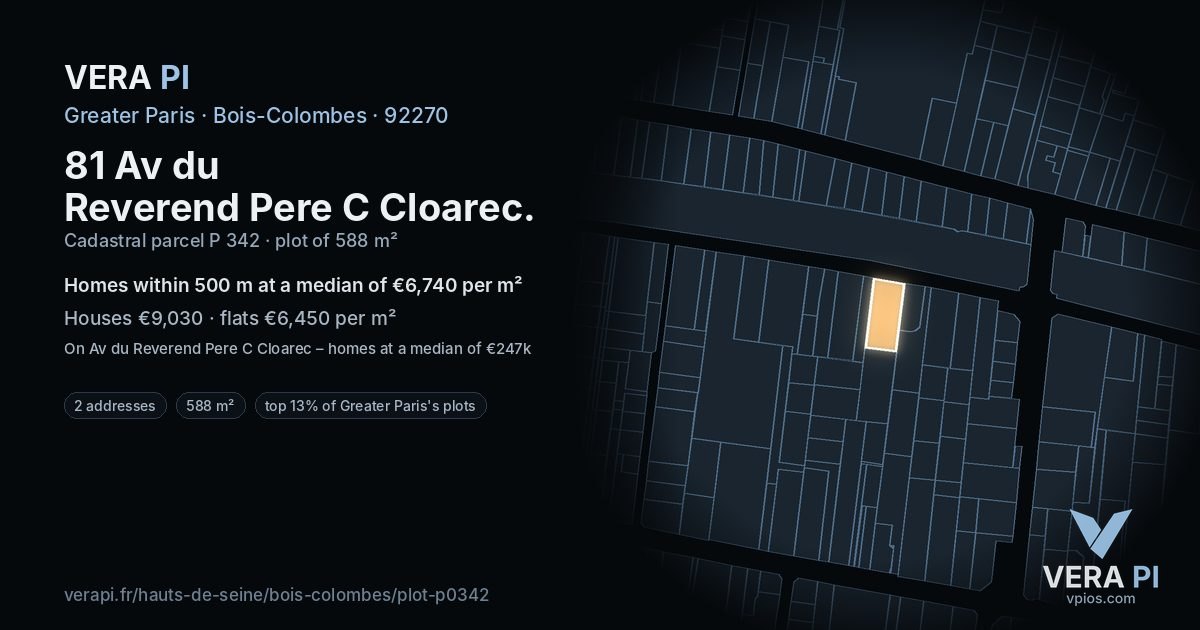 81 Av du Reverend Pere C Cloarec, Bois-Colombes at night – the plot lit, the parcels around coloured by the prices near them