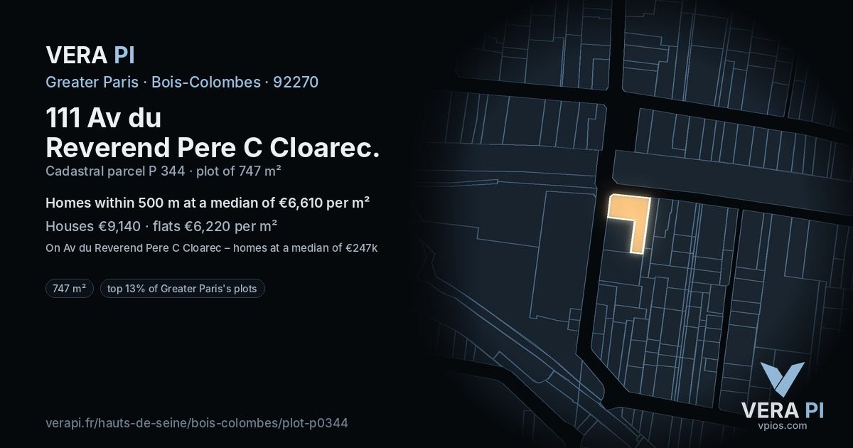 111 Av du Reverend Pere C Cloarec, Bois-Colombes at night – the plot lit, the parcels around coloured by the prices near them