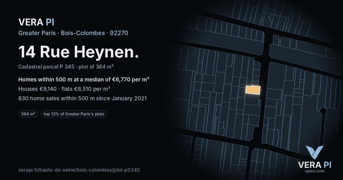 14 Rue Heynen, Bois-Colombes at night – the plot lit, the parcels around coloured by the prices near them