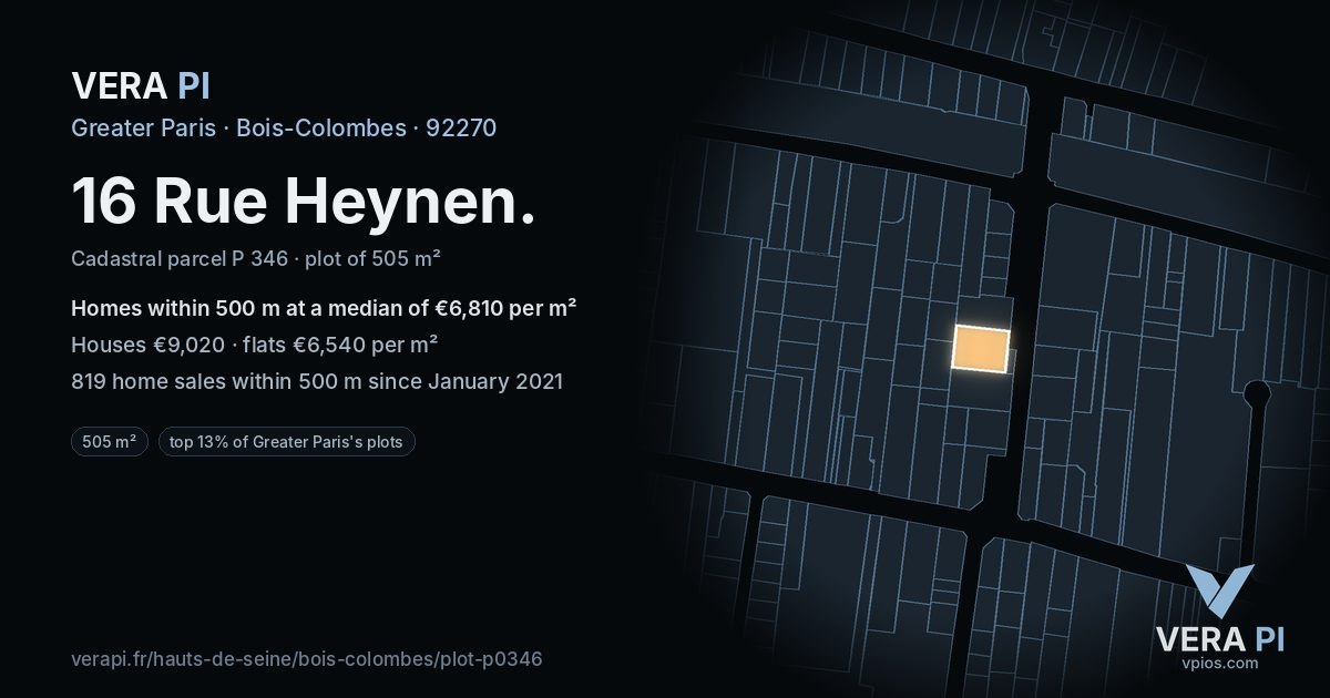 16 Rue Heynen, Bois-Colombes at night – the plot lit, the parcels around coloured by the prices near them