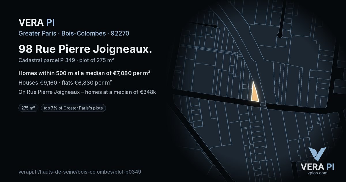 98 Rue Pierre Joigneaux, Bois-Colombes at night – the plot lit, the parcels around coloured by the prices near them