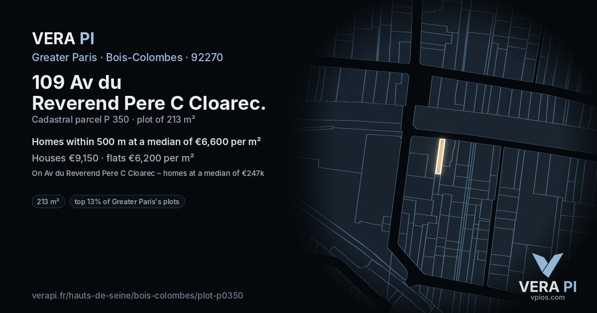 109 Av du Reverend Pere C Cloarec, Bois-Colombes at night – the plot lit, the parcels around coloured by the prices near them
