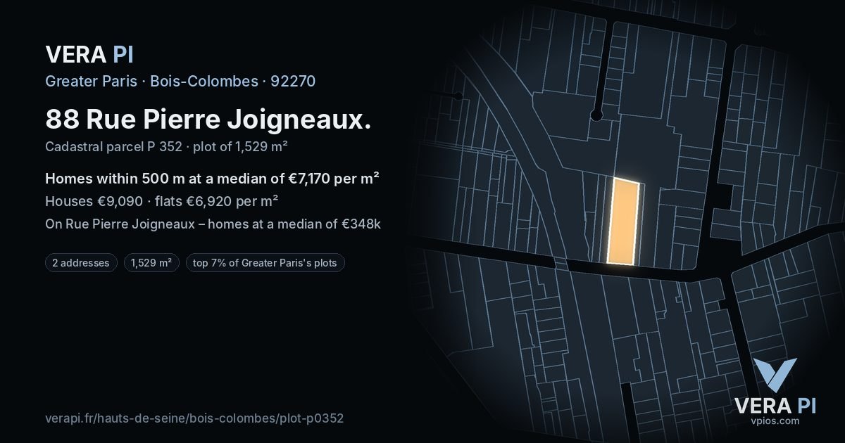 88 Rue Pierre Joigneaux, Bois-Colombes at night – the plot lit, the parcels around coloured by the prices near them