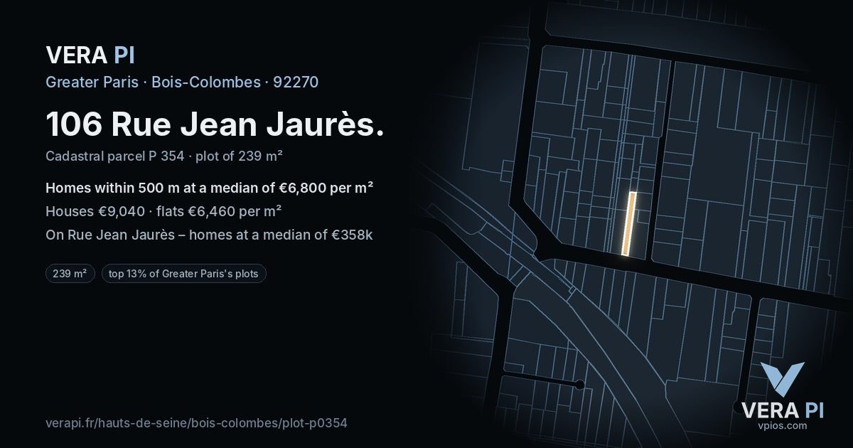 106 Rue Jean Jaurès, Bois-Colombes at night – the plot lit, the parcels around coloured by the prices near them