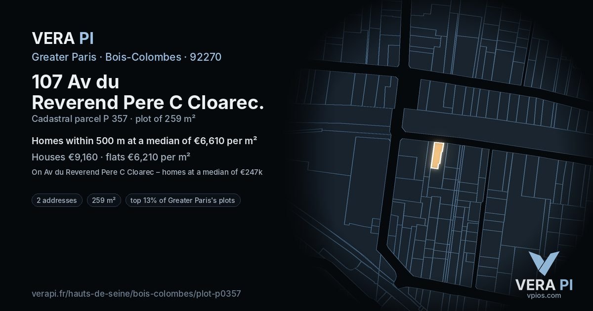107 Av du Reverend Pere C Cloarec, Bois-Colombes at night – the plot lit, the parcels around coloured by the prices near them