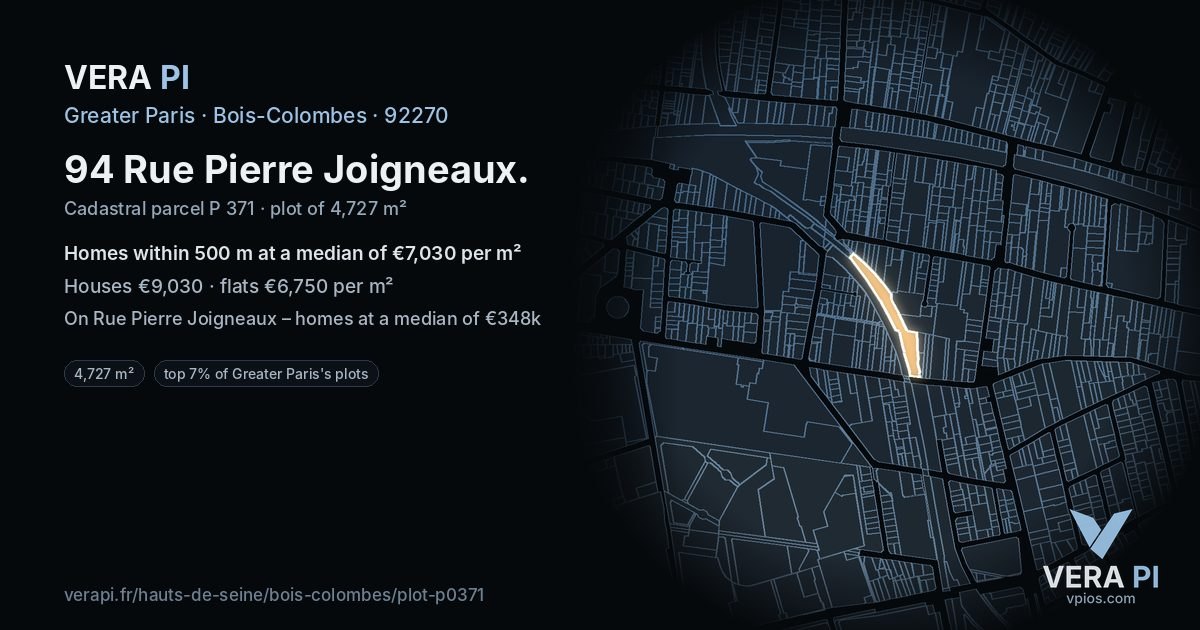 94 Rue Pierre Joigneaux, Bois-Colombes at night – the plot lit, the parcels around coloured by the prices near them