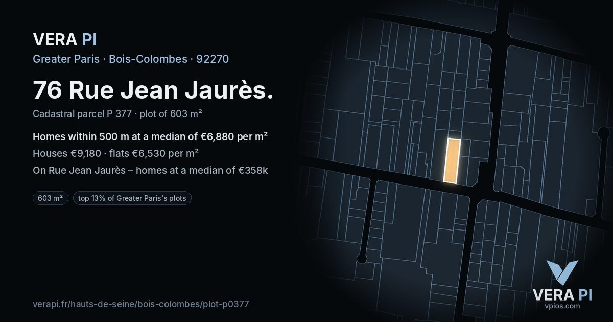 76 Rue Jean Jaurès, Bois-Colombes at night – the plot lit, the parcels around coloured by the prices near them