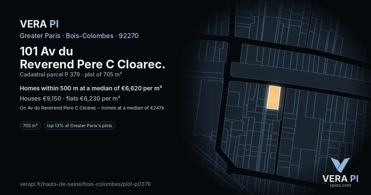 101 Av du Reverend Pere C Cloarec, Bois-Colombes at night – the plot lit, the parcels around coloured by the prices near them