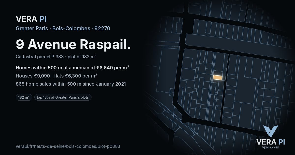 9 Avenue Raspail, Bois-Colombes at night – the plot lit, the parcels around coloured by the prices near them