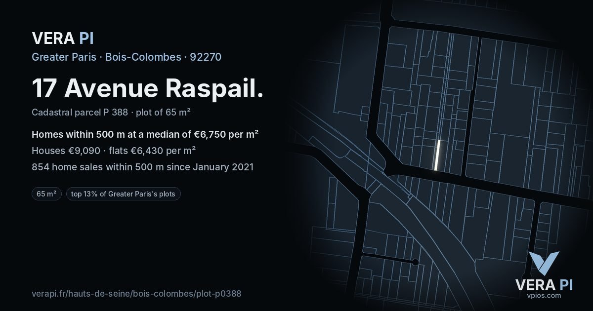 17 Avenue Raspail, Bois-Colombes at night – the plot lit, the parcels around coloured by the prices near them