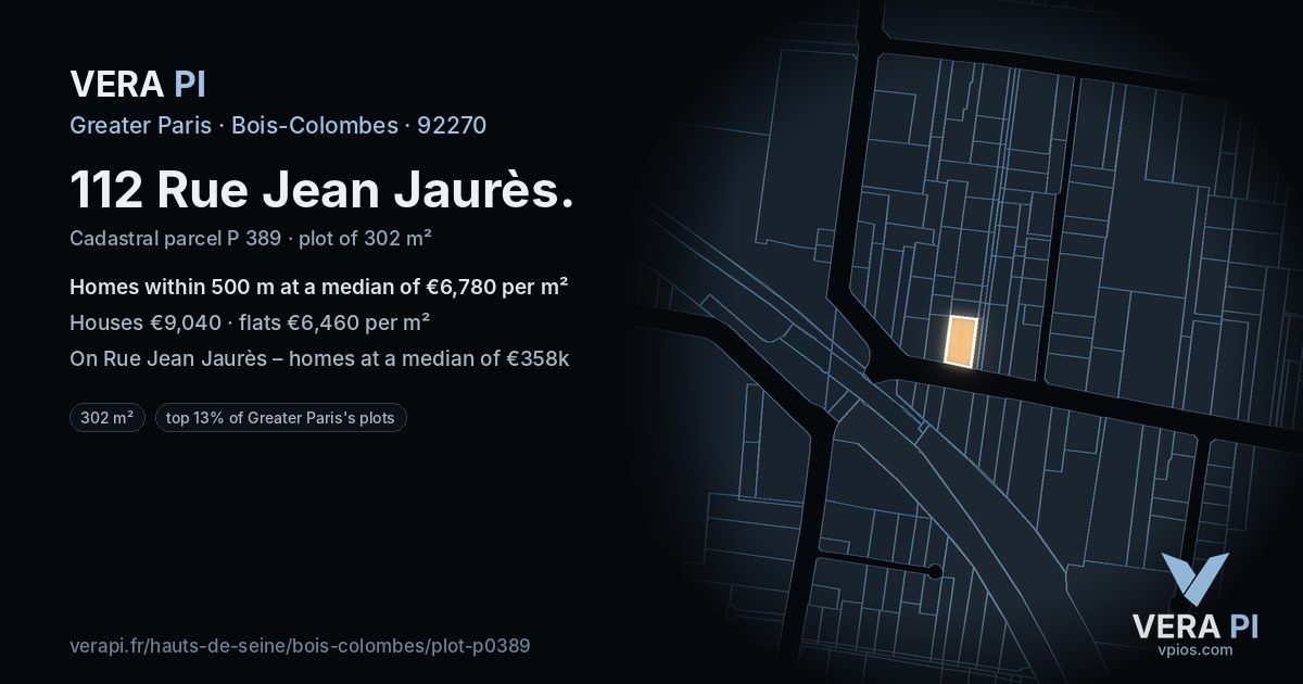 112 Rue Jean Jaurès, Bois-Colombes at night – the plot lit, the parcels around coloured by the prices near them