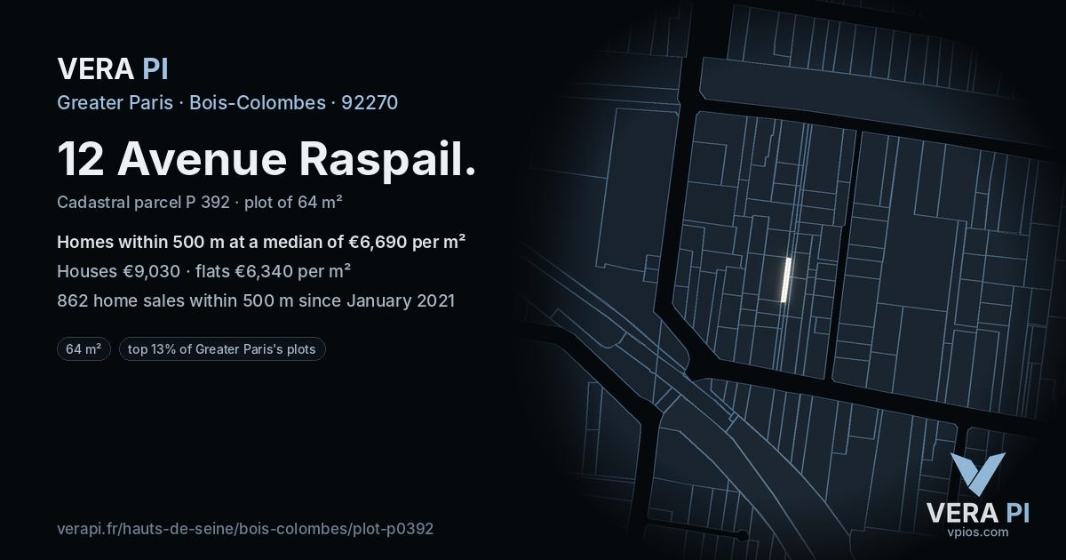 12 Avenue Raspail, Bois-Colombes at night – the plot lit, the parcels around coloured by the prices near them