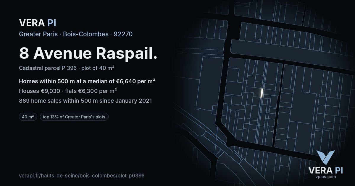 8 Avenue Raspail, Bois-Colombes at night – the plot lit, the parcels around coloured by the prices near them