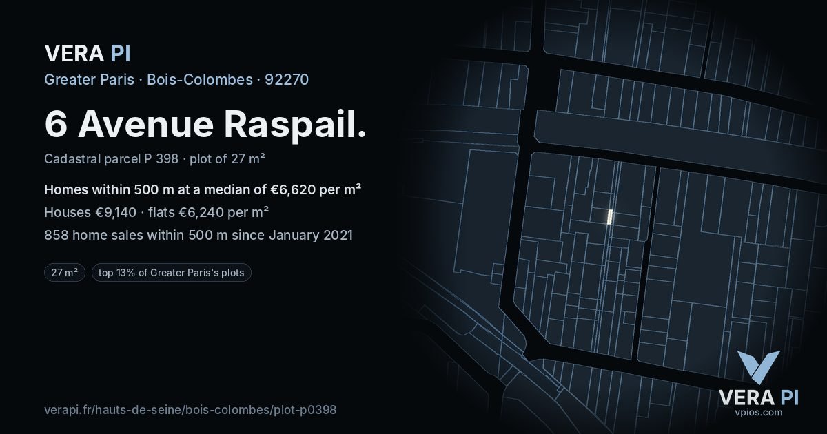 6 Avenue Raspail, Bois-Colombes at night – the plot lit, the parcels around coloured by the prices near them