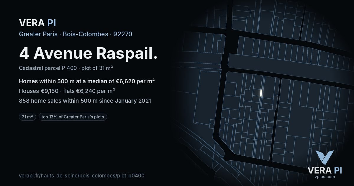4 Avenue Raspail, Bois-Colombes at night – the plot lit, the parcels around coloured by the prices near them