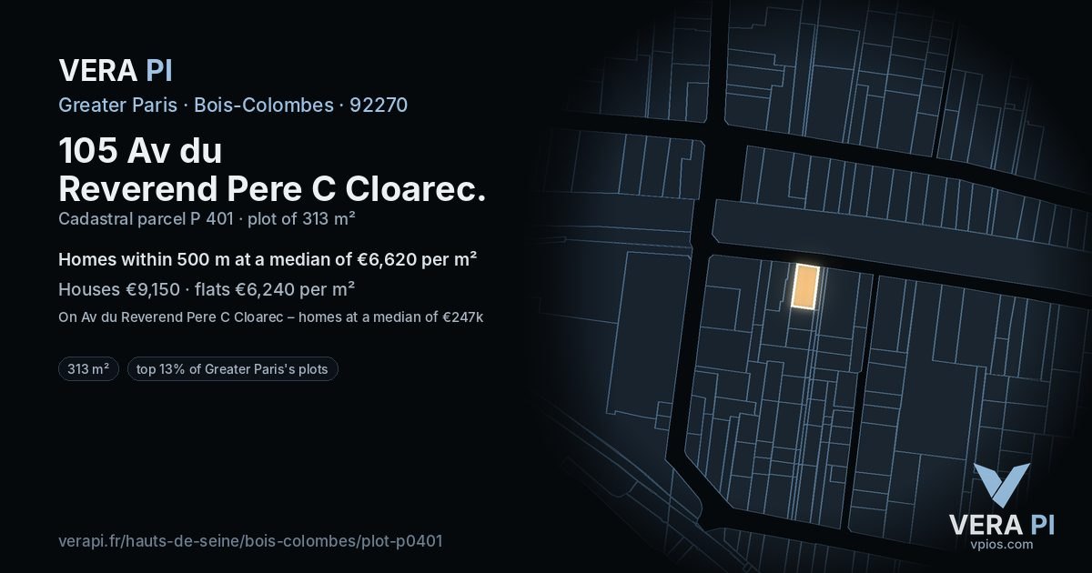 105 Av du Reverend Pere C Cloarec, Bois-Colombes at night – the plot lit, the parcels around coloured by the prices near them