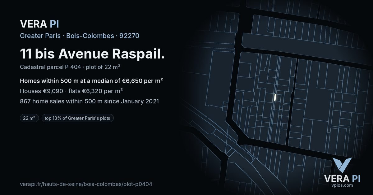 11 bis Avenue Raspail, Bois-Colombes at night – the plot lit, the parcels around coloured by the prices near them