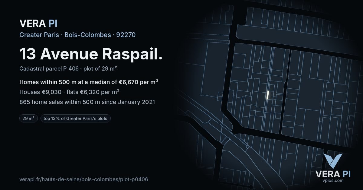 13 Avenue Raspail, Bois-Colombes at night – the plot lit, the parcels around coloured by the prices near them