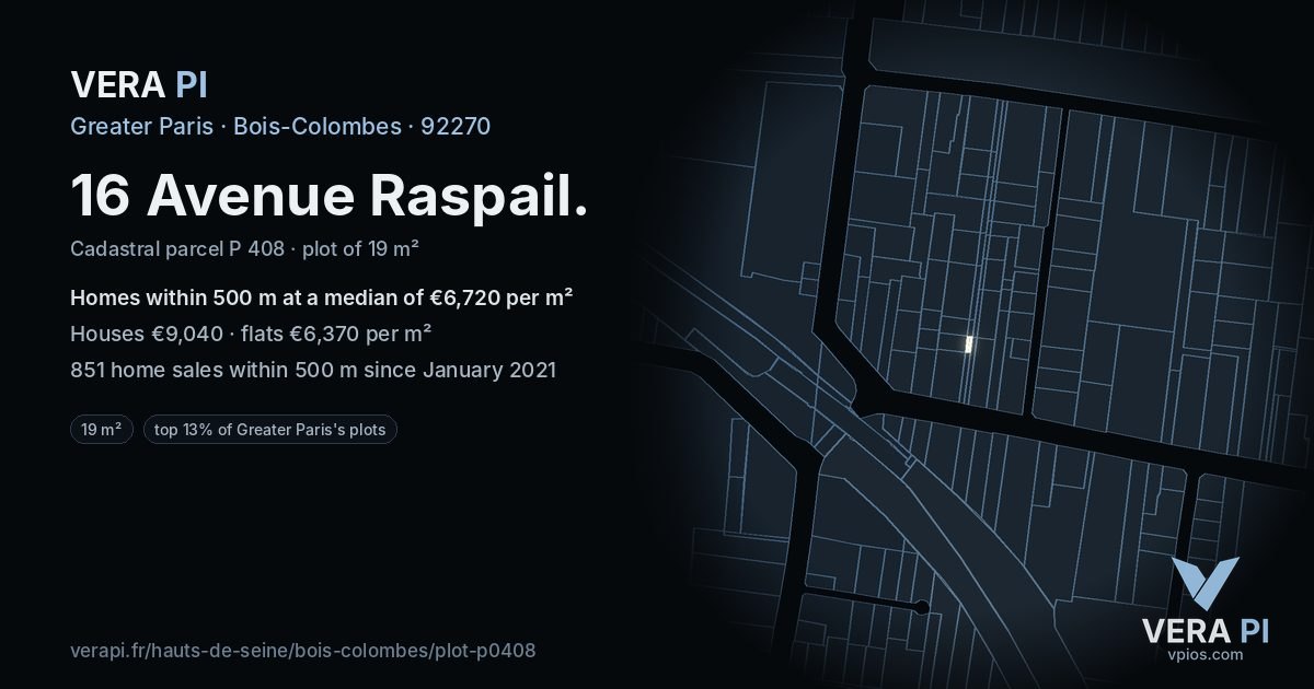 16 Avenue Raspail, Bois-Colombes at night – the plot lit, the parcels around coloured by the prices near them