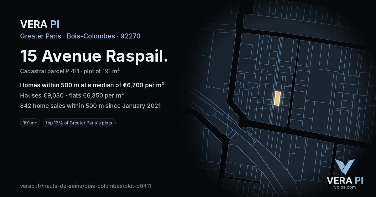 15 Avenue Raspail, Bois-Colombes at night – the plot lit, the parcels around coloured by the prices near them