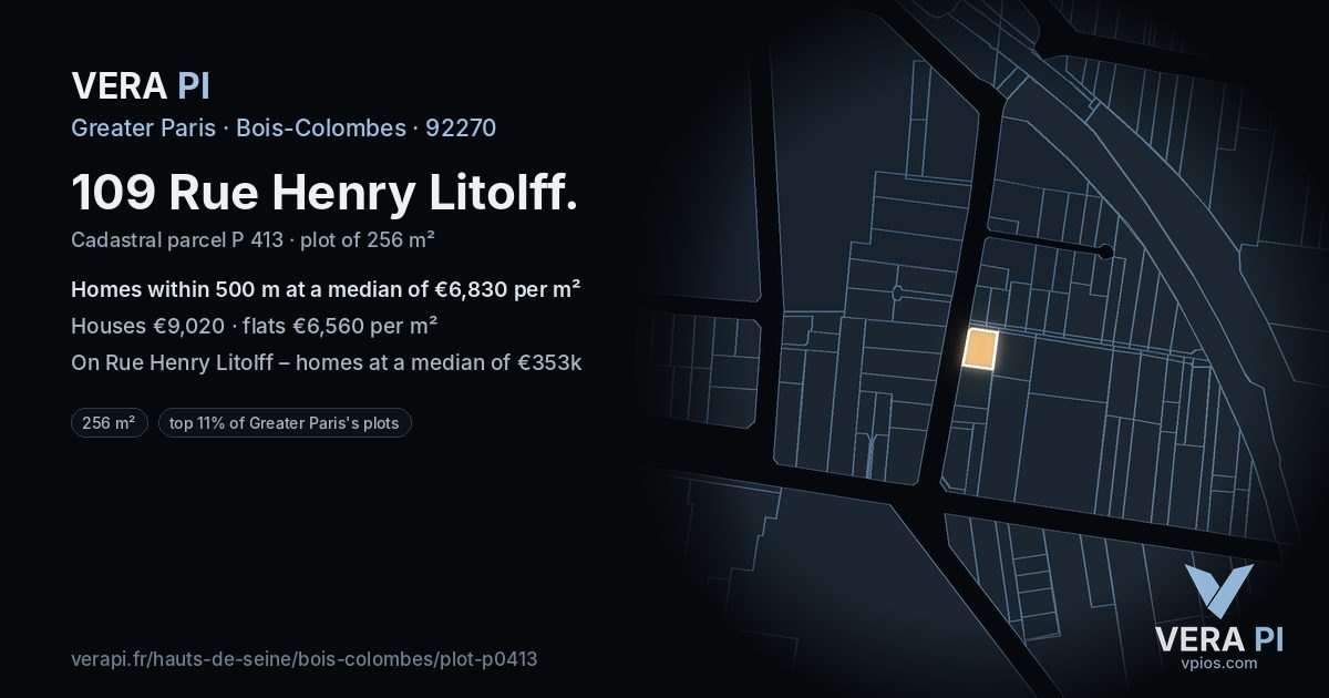 109 Rue Henry Litolff, Bois-Colombes at night – the plot lit, the parcels around coloured by the prices near them