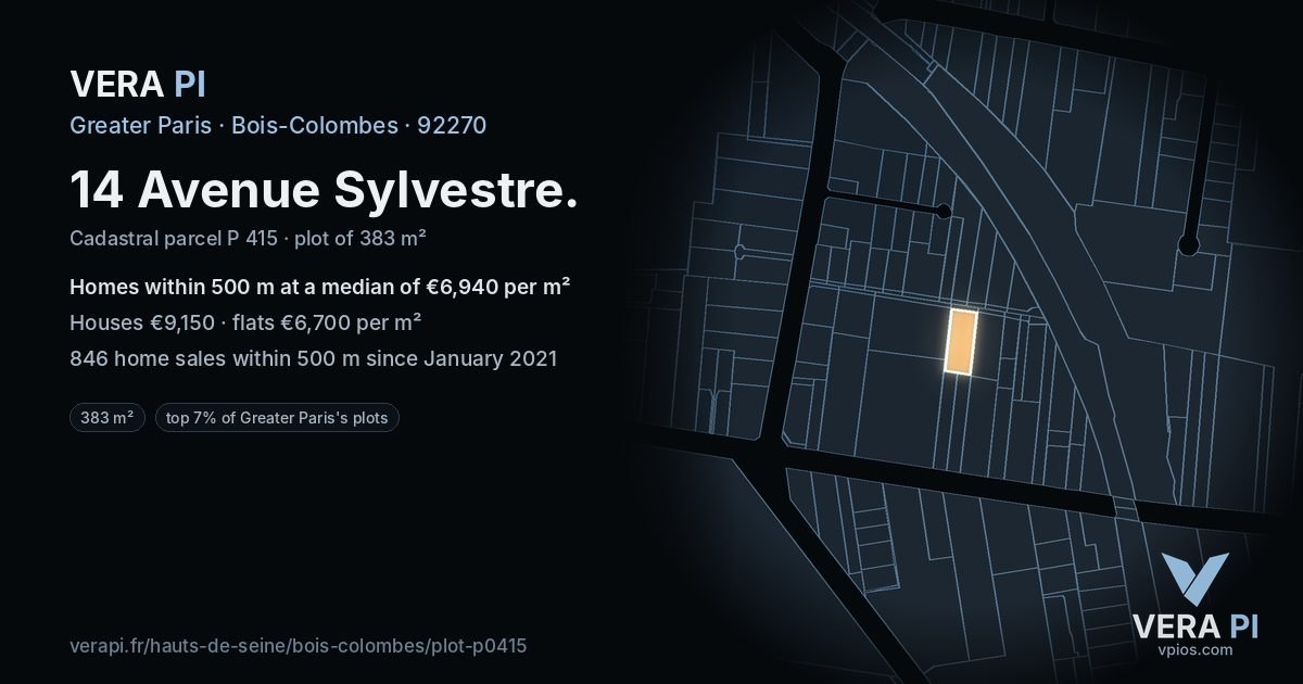 14 Avenue Sylvestre, Bois-Colombes at night – the plot lit, the parcels around coloured by the prices near them