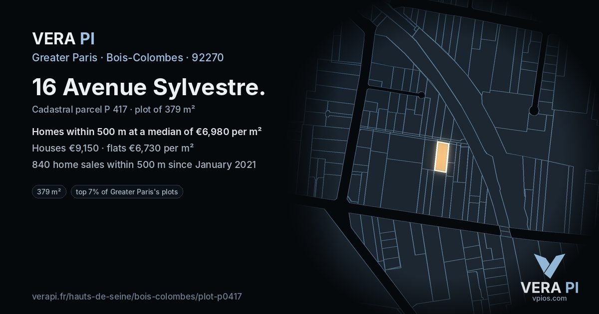 16 Avenue Sylvestre, Bois-Colombes at night – the plot lit, the parcels around coloured by the prices near them