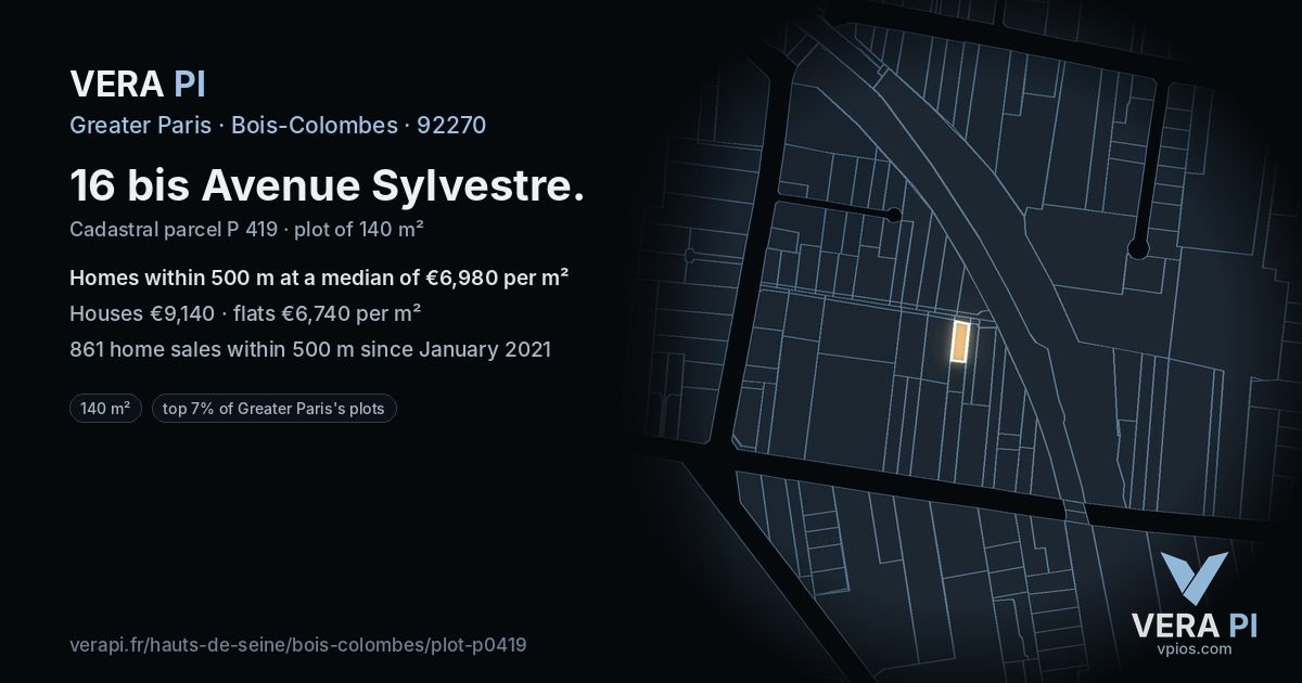 16 bis Avenue Sylvestre, Bois-Colombes at night – the plot lit, the parcels around coloured by the prices near them