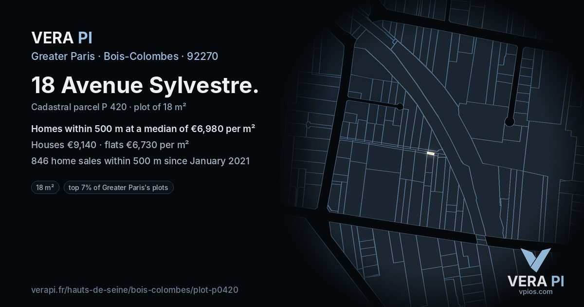 18 Avenue Sylvestre, Bois-Colombes at night – the plot lit, the parcels around coloured by the prices near them