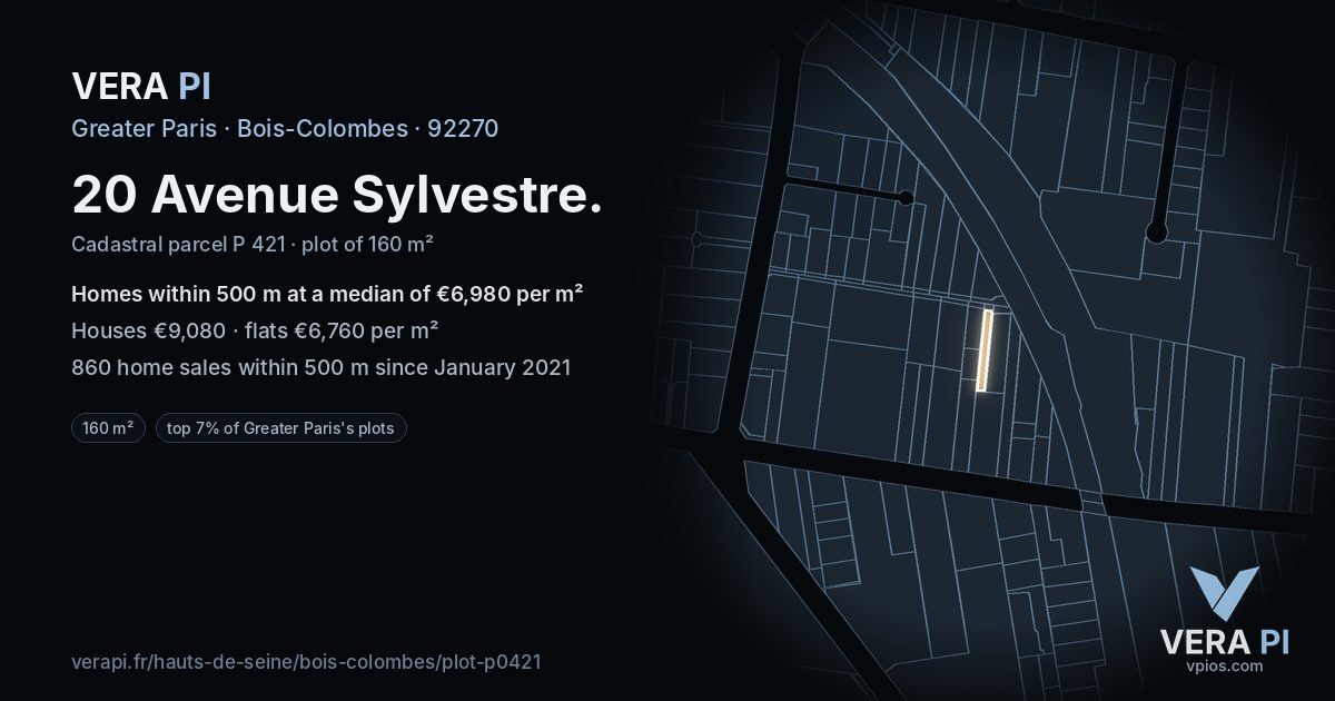 20 Avenue Sylvestre, Bois-Colombes at night – the plot lit, the parcels around coloured by the prices near them