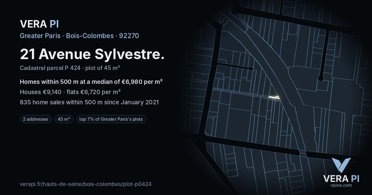 21 Avenue Sylvestre, Bois-Colombes at night – the plot lit, the parcels around coloured by the prices near them
