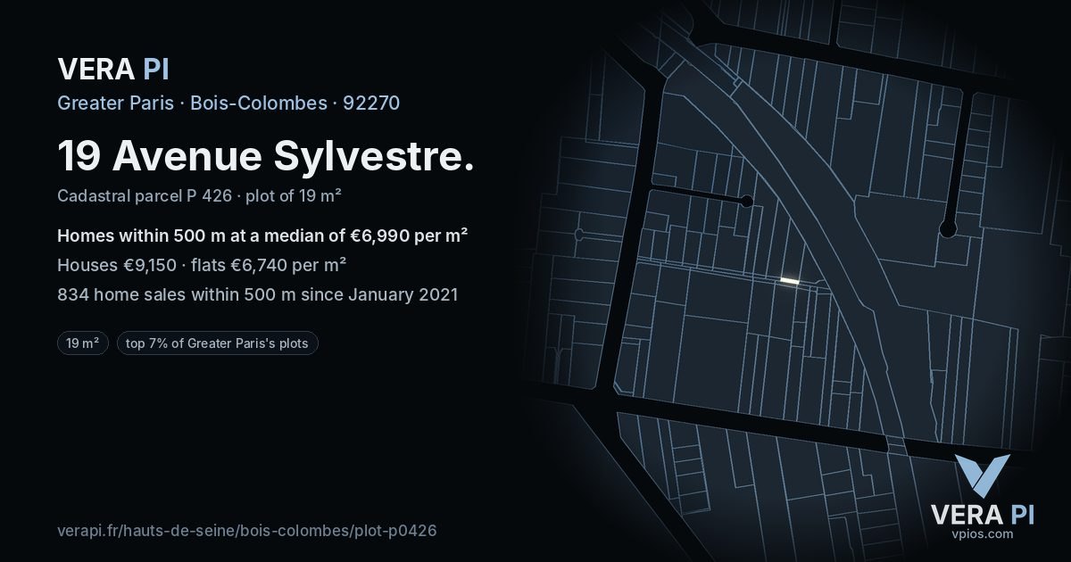 19 Avenue Sylvestre, Bois-Colombes at night – the plot lit, the parcels around coloured by the prices near them