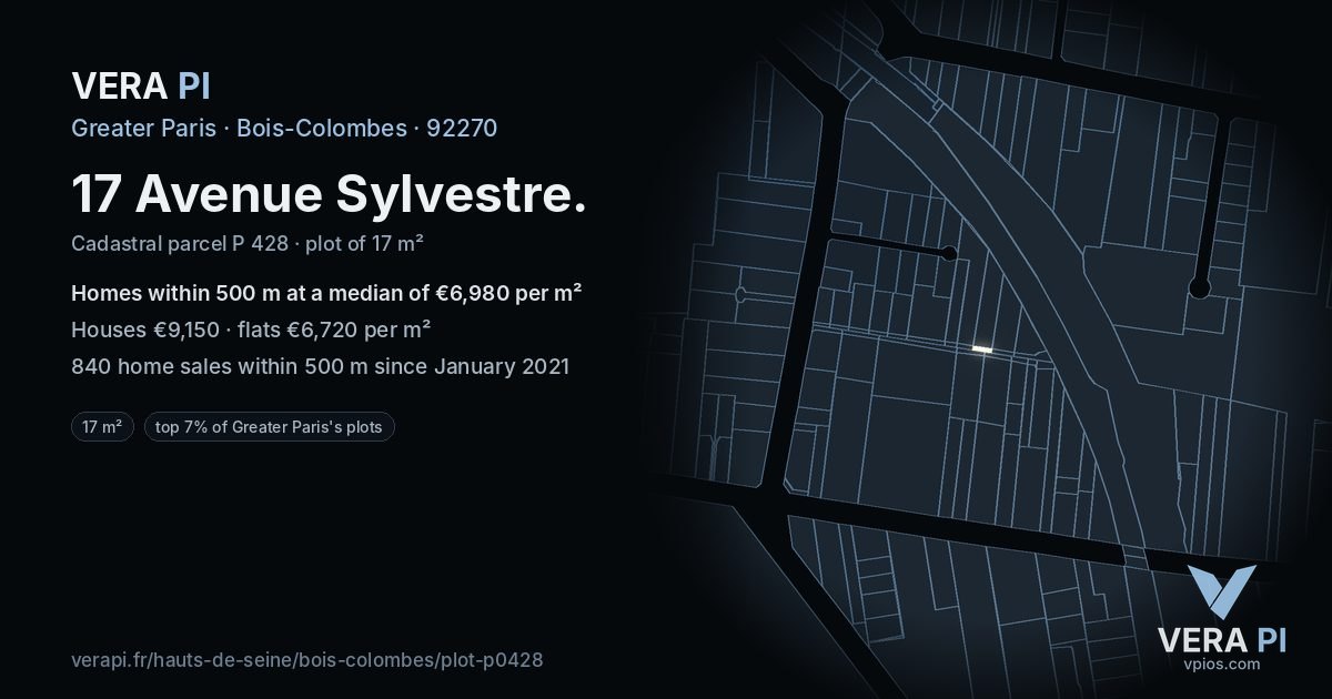 17 Avenue Sylvestre, Bois-Colombes at night – the plot lit, the parcels around coloured by the prices near them