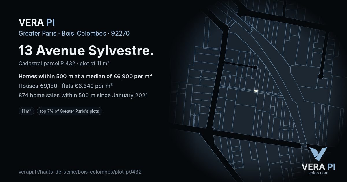 13 Avenue Sylvestre, Bois-Colombes at night – the plot lit, the parcels around coloured by the prices near them