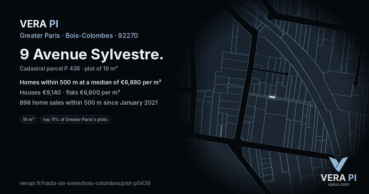 9 Avenue Sylvestre, Bois-Colombes at night – the plot lit, the parcels around coloured by the prices near them