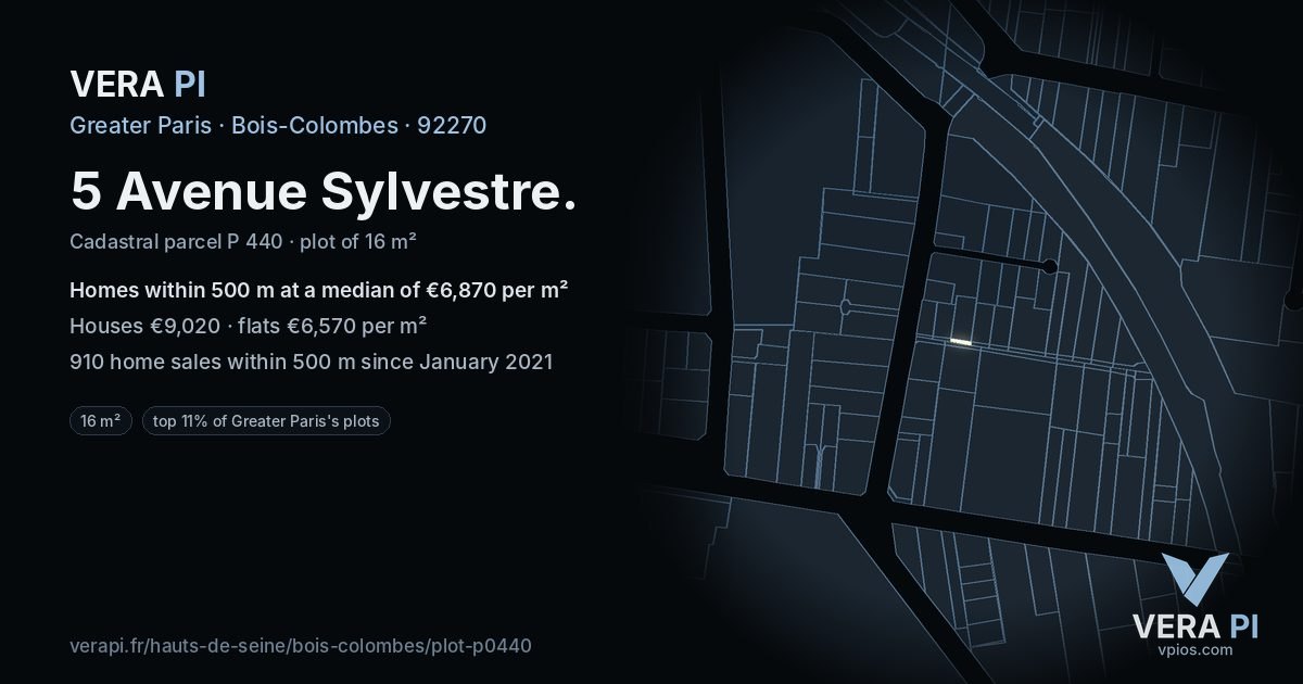5 Avenue Sylvestre, Bois-Colombes at night – the plot lit, the parcels around coloured by the prices near them