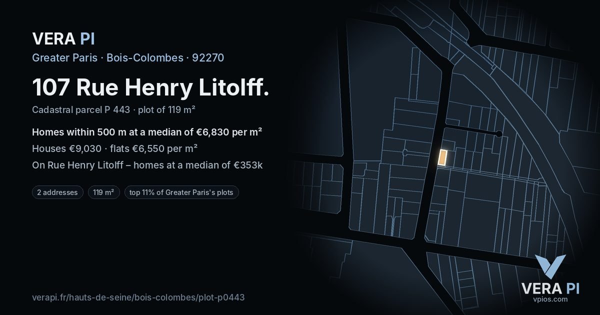 107 Rue Henry Litolff, Bois-Colombes at night – the plot lit, the parcels around coloured by the prices near them