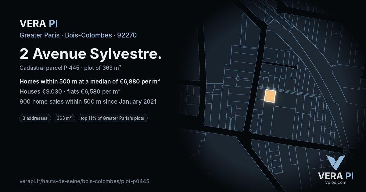 2 Avenue Sylvestre, Bois-Colombes at night – the plot lit, the parcels around coloured by the prices near them