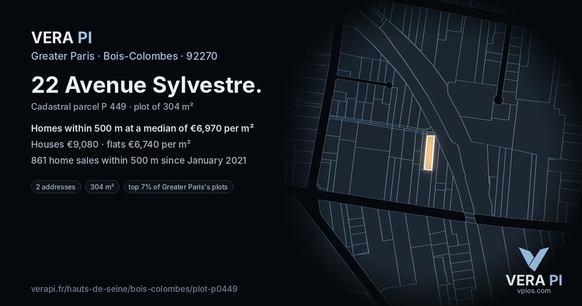 22 Avenue Sylvestre, Bois-Colombes at night – the plot lit, the parcels around coloured by the prices near them