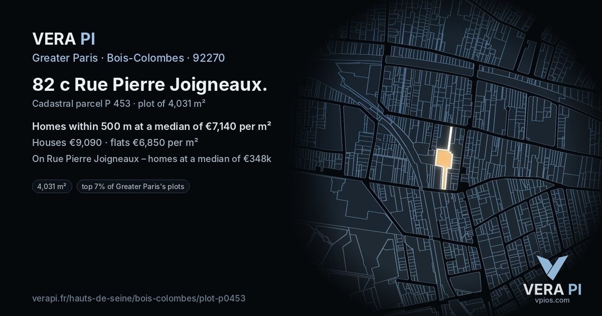 82 c Rue Pierre Joigneaux, Bois-Colombes at night – the plot lit, the parcels around coloured by the prices near them