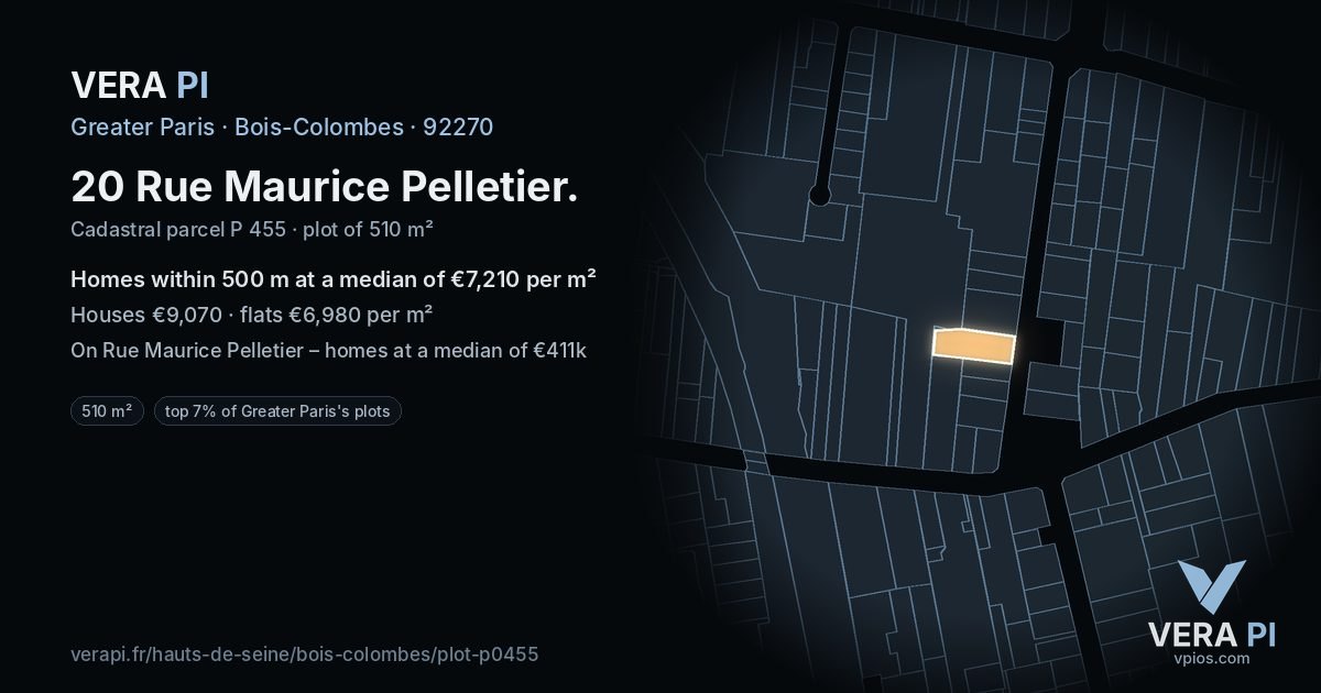 20 Rue Maurice Pelletier, Bois-Colombes at night – the plot lit, the parcels around coloured by the prices near them