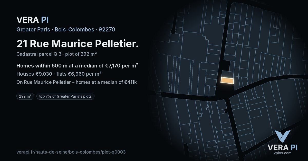 21 Rue Maurice Pelletier, Bois-Colombes at night – the plot lit, the parcels around coloured by the prices near them