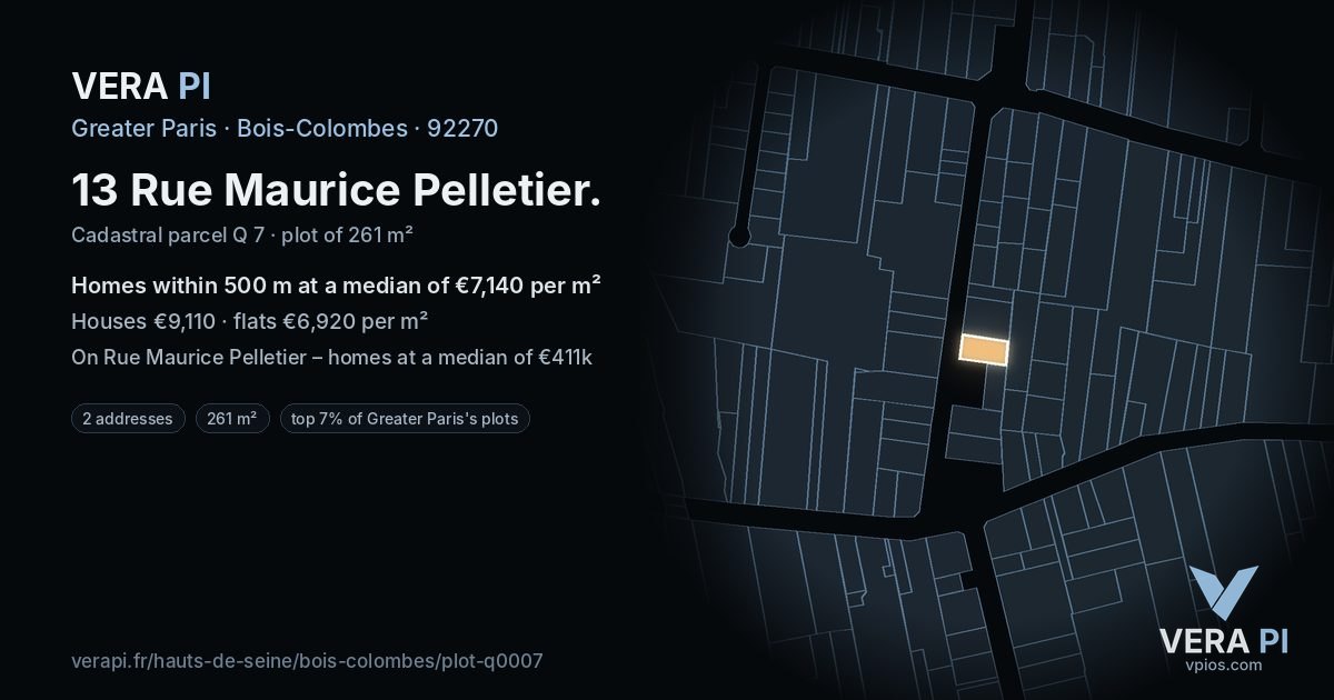 13 Rue Maurice Pelletier, Bois-Colombes at night – the plot lit, the parcels around coloured by the prices near them